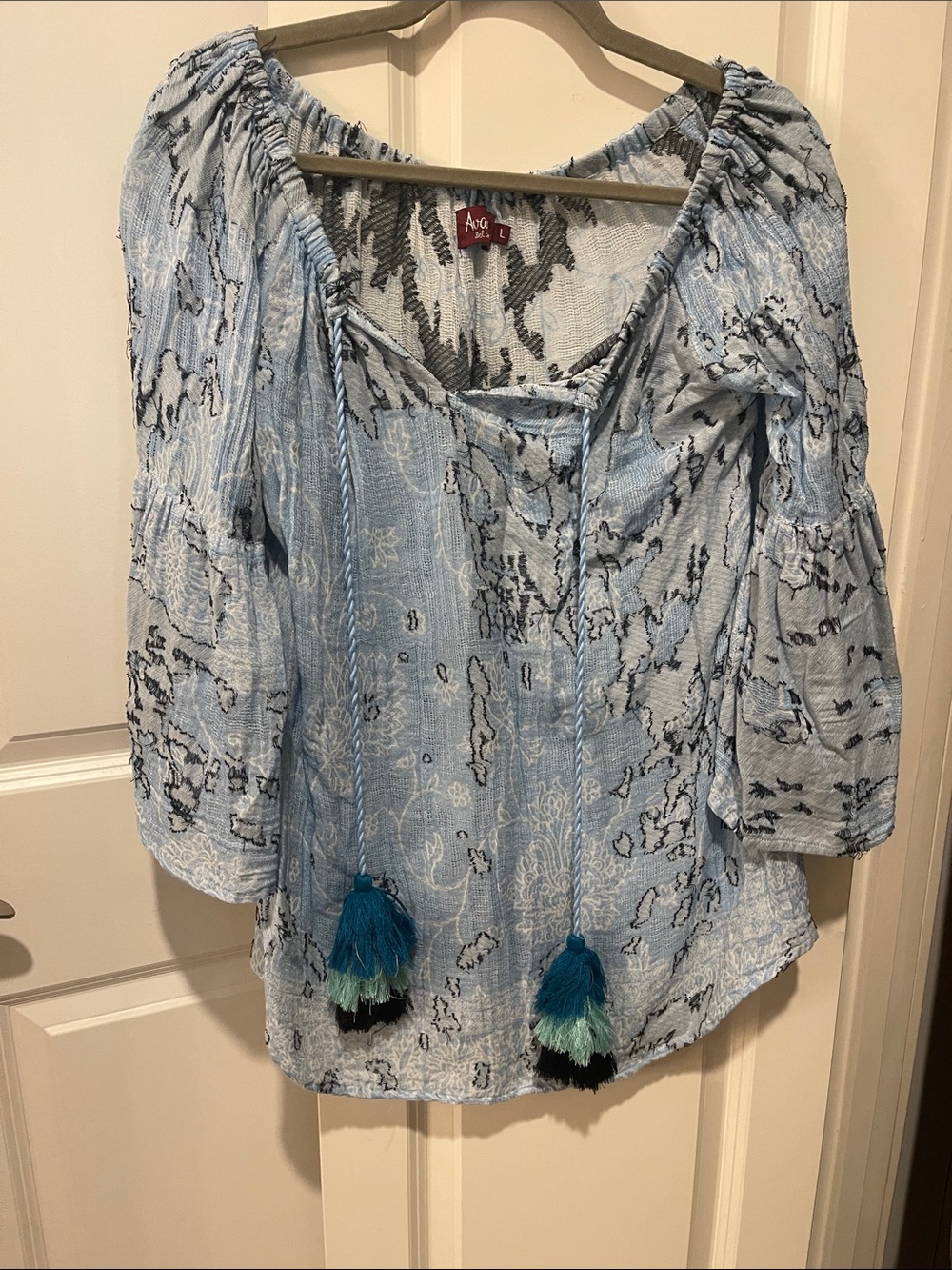 Avani Sel Amour  Light Blue Peasant Top with Tassel Accents